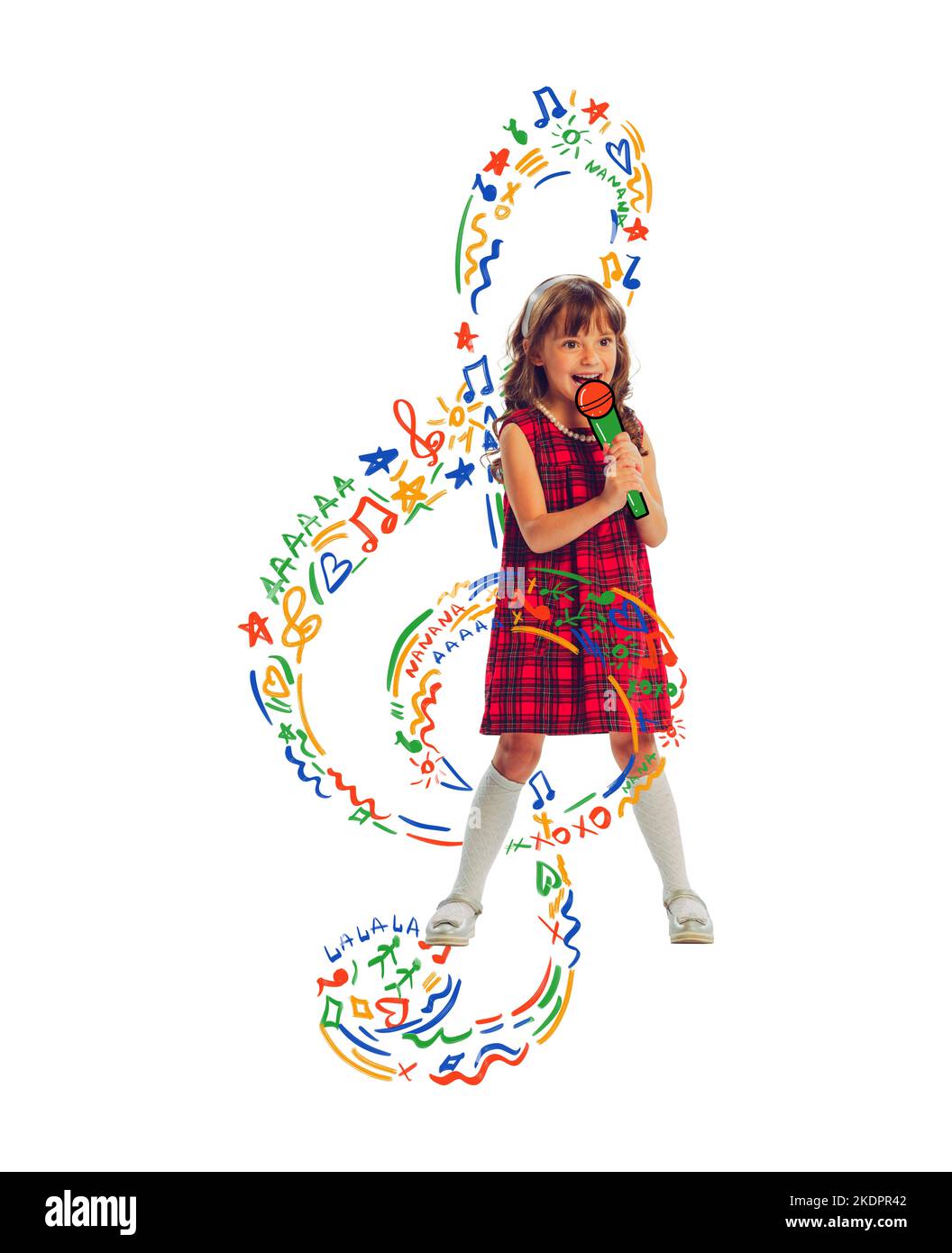Creative colorful design. Contemporary art collage. Cute little girl, child dreaming to become a singer. Stock Photo