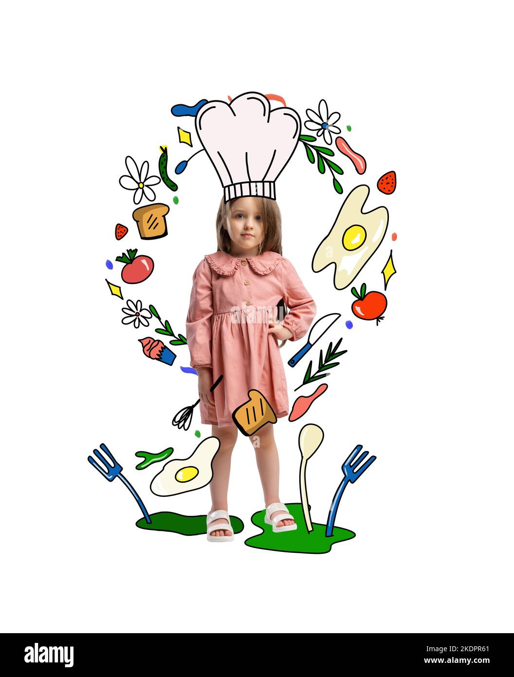 Creative colorful design. Contemporary art collage. Little cute girl, child dreaming to become a chef. Cooking activity Stock Photo