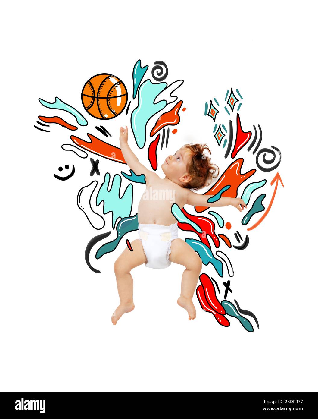 Creative colorful design. Contemporary art collage. Little cute baby boy in diaper dreaming to become famous sportsman, basketball player Stock Photo