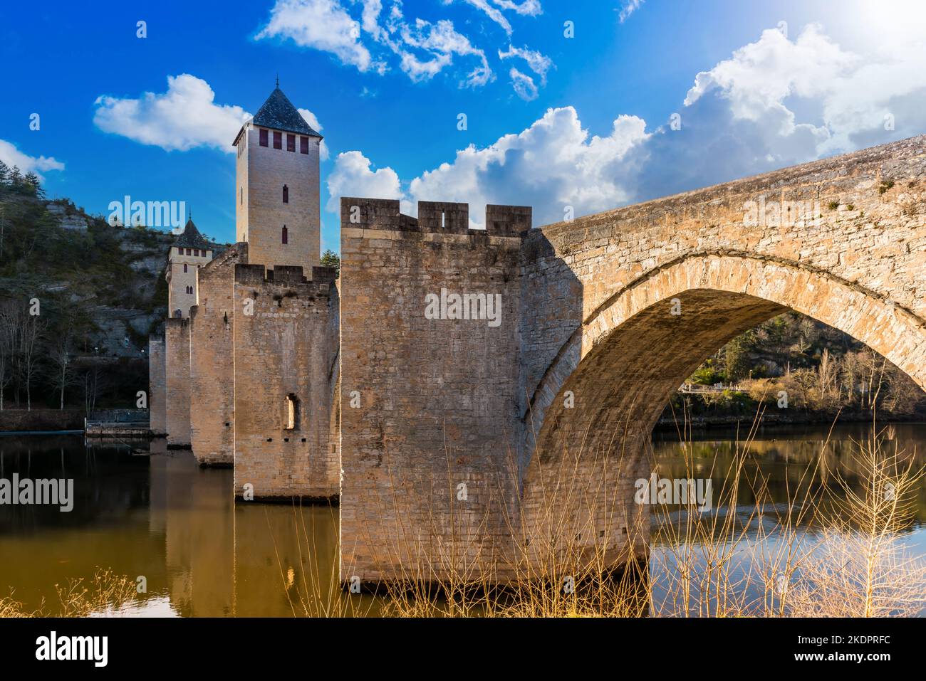Medieval bridge Valentré on the river Lot in Cahors in Occitanie, France Stock Photo