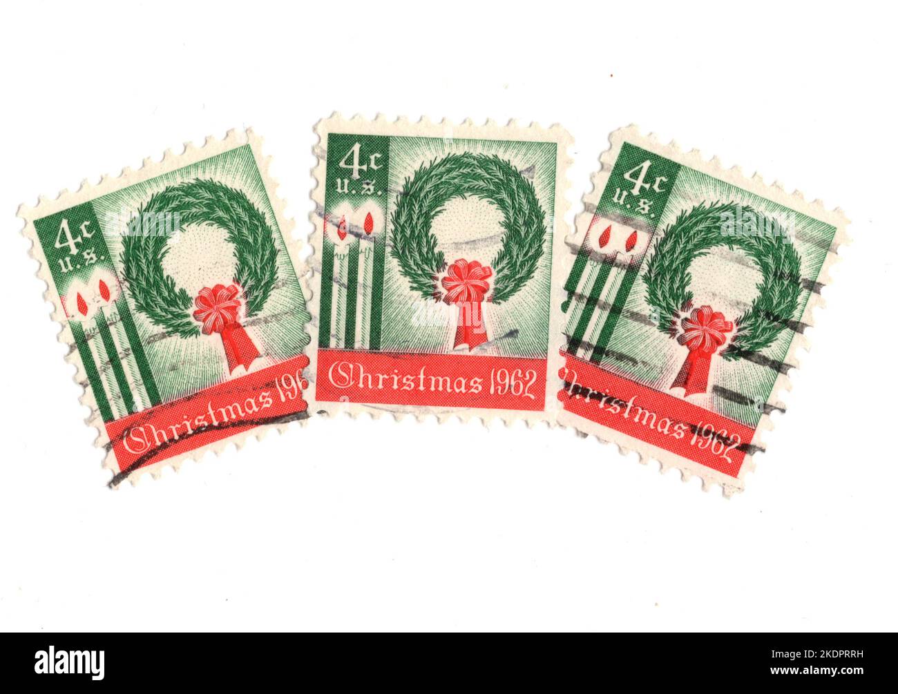 Vintage Christmas postage stamps from the USA on a white background