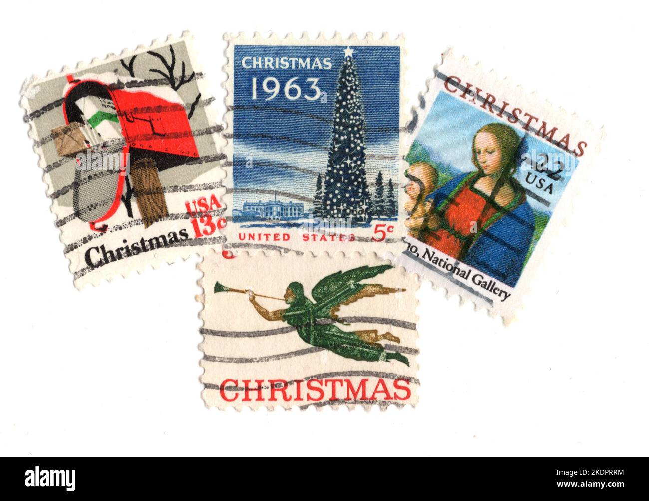 Vintage Christmas postage stamps from the USA on a white background