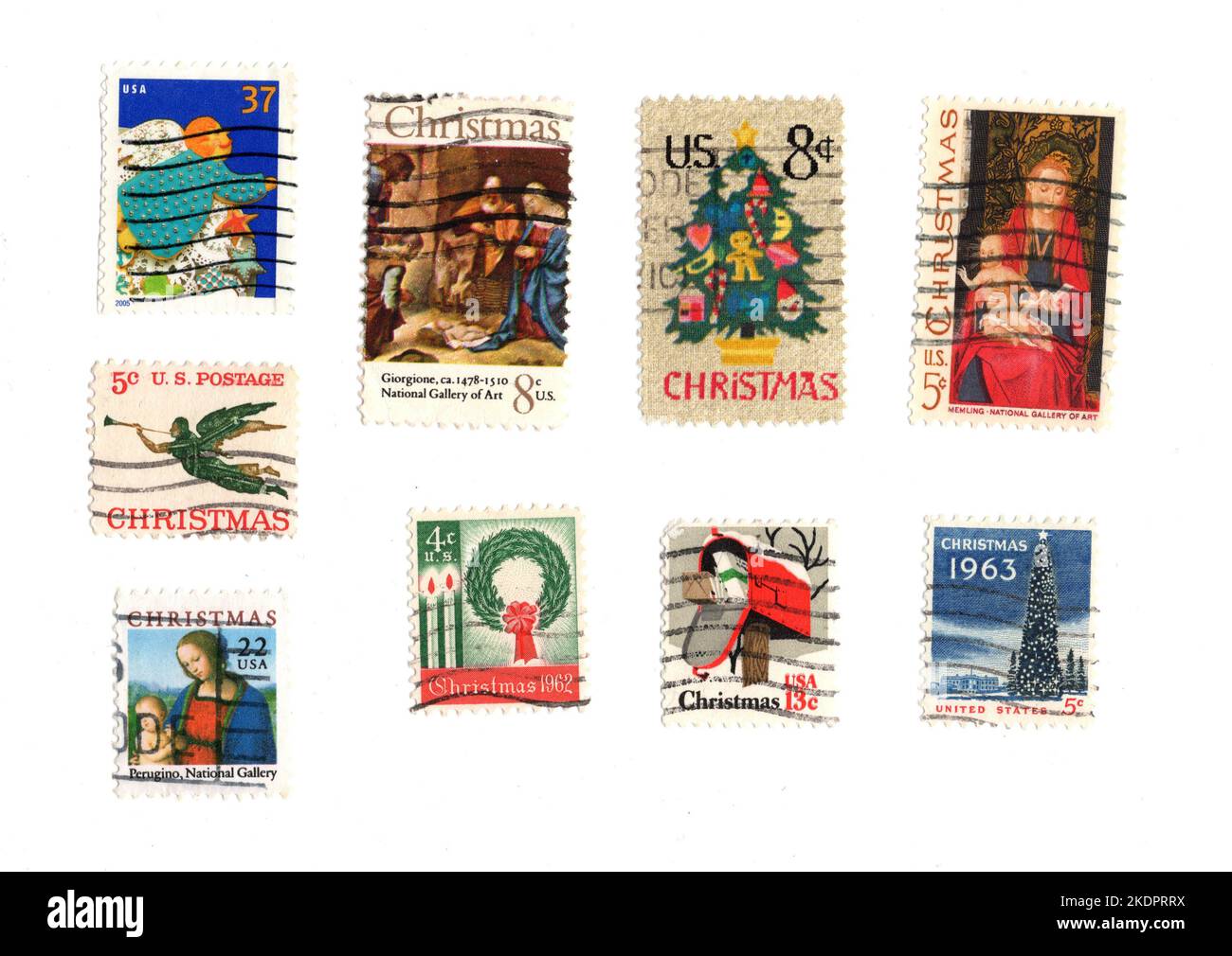 Vintage Christmas postage stamps from the USA on a white background