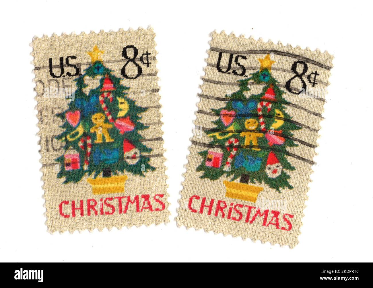 Vintage Christmas postage stamps from the USA on a white background