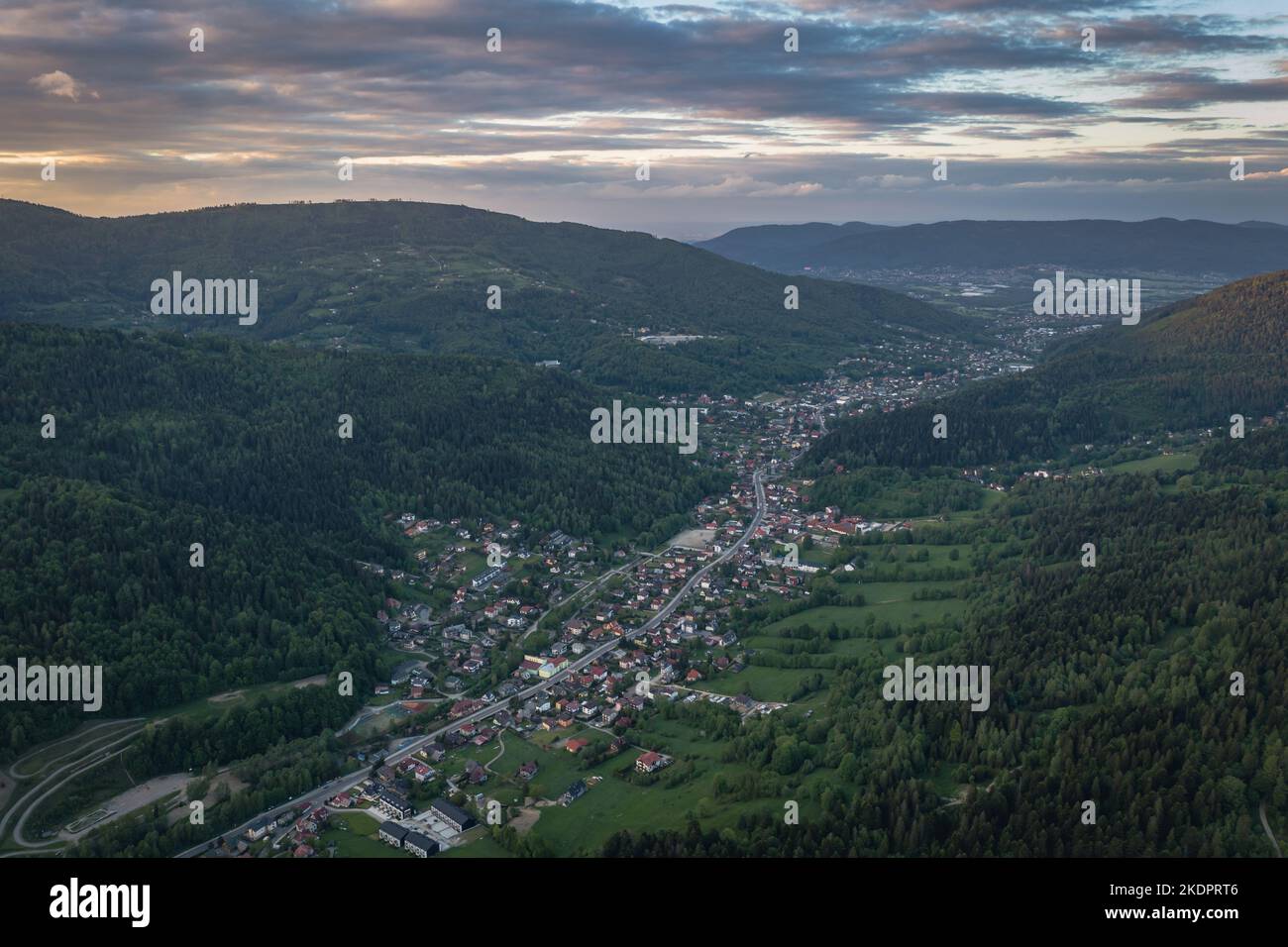 Aerial view of Szczyrk town in a valley in Silesian Beskids mountains