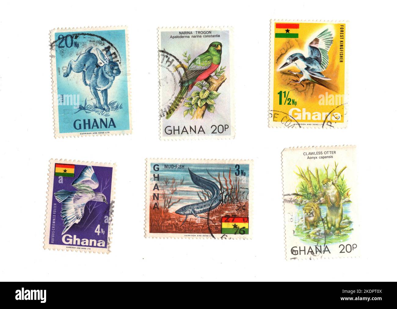 A montage of vintage postage stamps from Ghana on a white background. Stock Photo