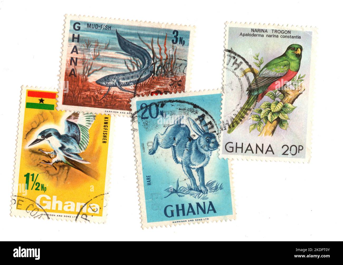 A montage of vintage postage stamps from Ghana on a white background. Stock Photo