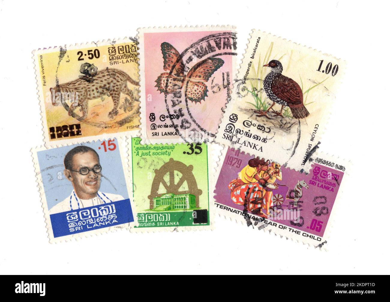 A montage of vintage postage stamps from Sri Lanka on a white ...