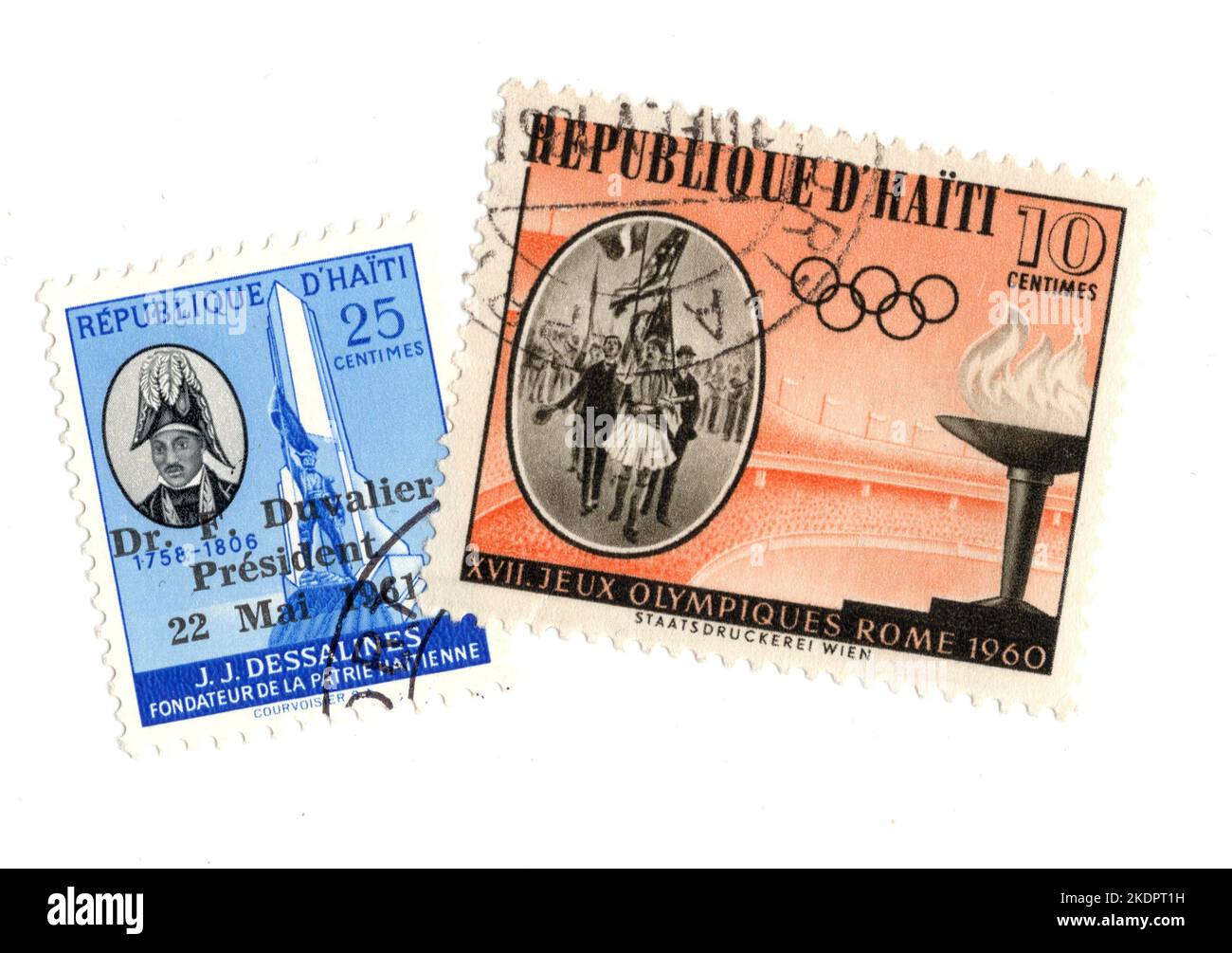 A montage of vintage postage stamps from Haiti on a white background