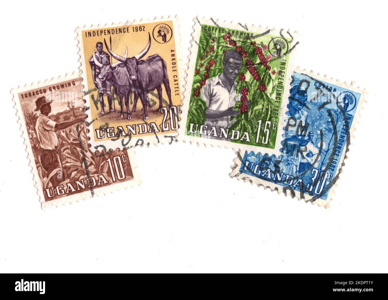 A montage of vintage postage stamps from Uganda on a white background ...