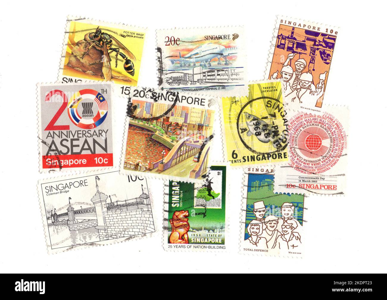 A montage of vintage postage stamps from Singapore on a white background. Stock Photo