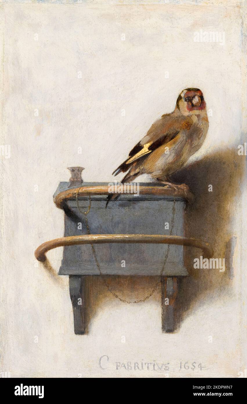Carel Fabritius painting, The Goldfinch, oil on panel, 1654 Stock Photo