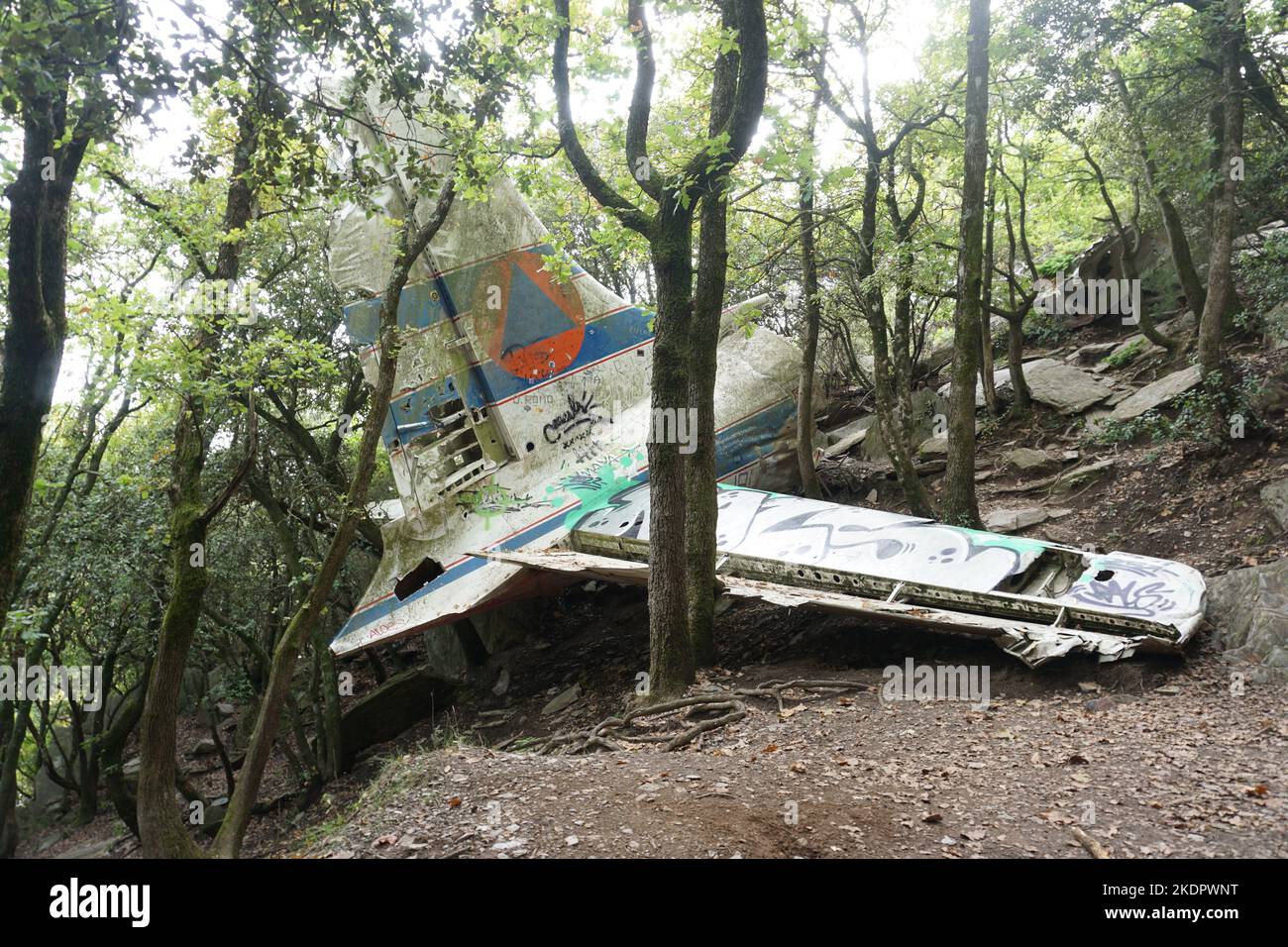 Cantallops, Spain - October 2022; wreckage of Douglas DC-6B plane which crashed into mountain side while fighting forest fires in July 1986 Stock Photo
