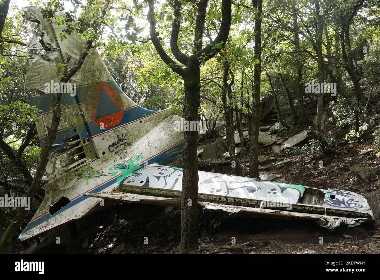 Cantallops, Spain - October 2022; wreckage of Douglas DC-6B plane which crashed into mountain side while fighting forest fires in July 1986 Stock Photo