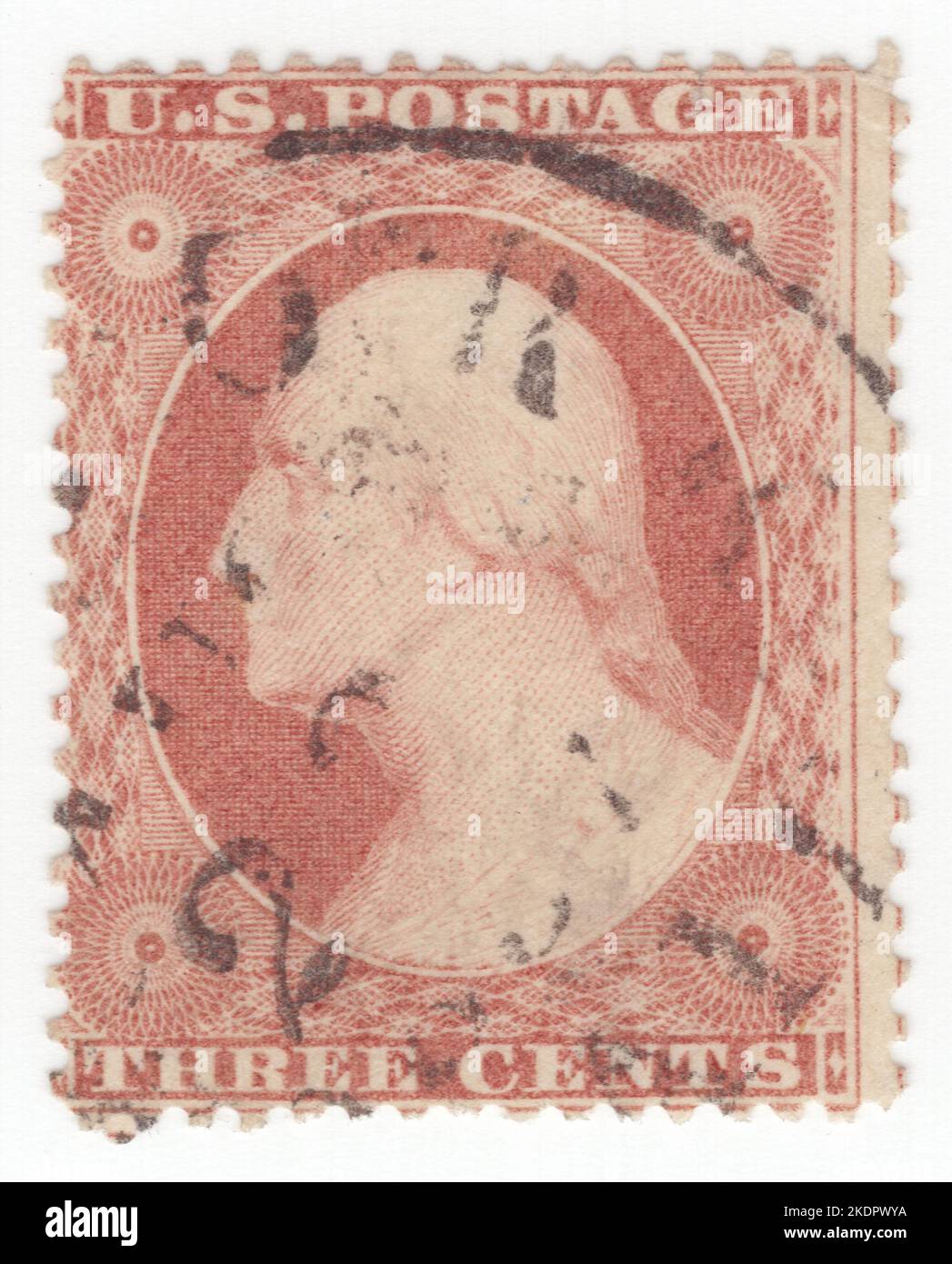 USA - 1857: An 3 cents rose postage stamp depicting portrait of George Washington. American military officer, statesman, and Founding Father who served as the first president of the United States from 1789 to 1797. Appointed by the Continental Congress as commander of the Continental Army, Washington led the Patriot forces to victory in the American Revolutionary War and served as the president of the Constitutional Convention of 1787, which created the Constitution of the United States and the American federal government. Washington has been called the 'Father of his Country' Stock Photo