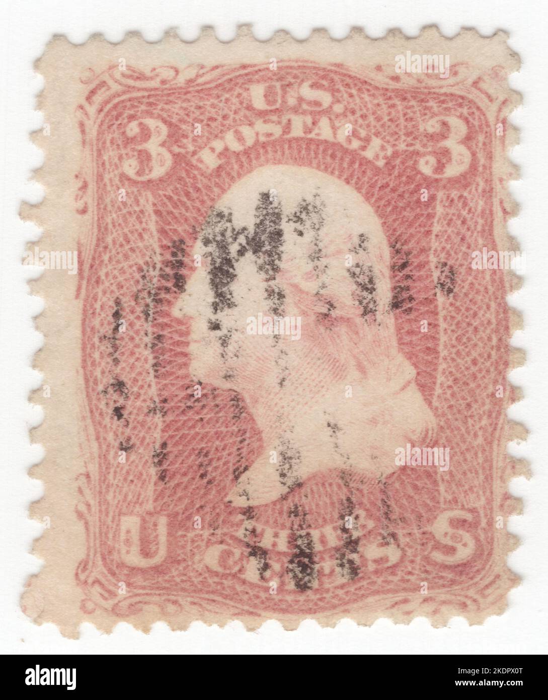 USA - 1861: An 3 cents rose postage stamp depicting portrait of George Washington. American military officer, statesman, and Founding Father who served as the first president of the United States from 1789 to 1797. Appointed by the Continental Congress as commander of the Continental Army, Washington led the Patriot forces to victory in the American Revolutionary War and served as the president of the Constitutional Convention of 1787, which created the Constitution of the United States and the American federal government. Washington has been called the 'Father of his Country' Stock Photo