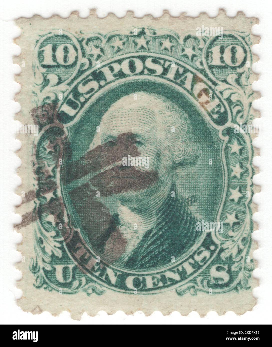 USA - 1861: An 10 cents green postage stamp depicting portrait of George Washington. American military officer, statesman, and Founding Father who served as the first president of the United States from 1789 to 1797. Appointed by the Continental Congress as commander of the Continental Army, Washington led the Patriot forces to victory in the American Revolutionary War and served as the president of the Constitutional Convention of 1787, which created the Constitution of the United States and the American federal government. Washington has been called the 'Father of his Country' Stock Photo