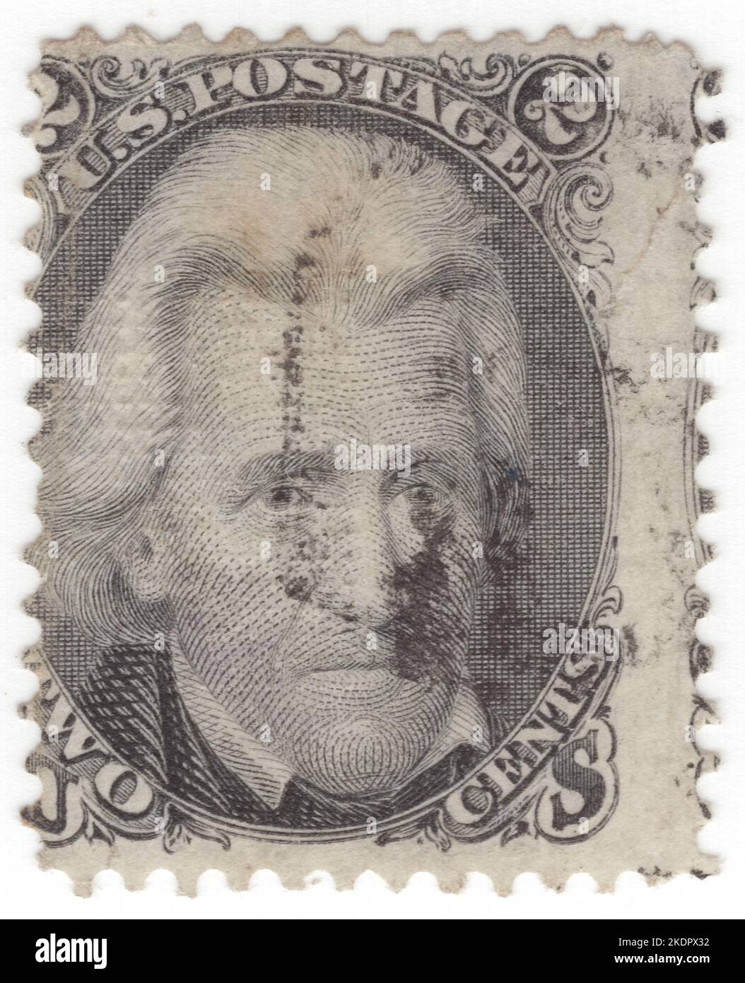 USA - 1861: An 2 cents black postage stamp depicting portrait of Andrew Jackson. American lawyer, planter, general, and statesman who served as the seventh president of the United States from 1829 to 1837. Before being elected to the presidency, Jackson gained fame as a general in the United States Army and served in both houses of the U.S. Congress. Although often praised as an advocate for ordinary Americans and for his work in preserving the union of states, Jackson has also been criticized for his racial policies, particularly his treatment of Native Americans Stock Photo