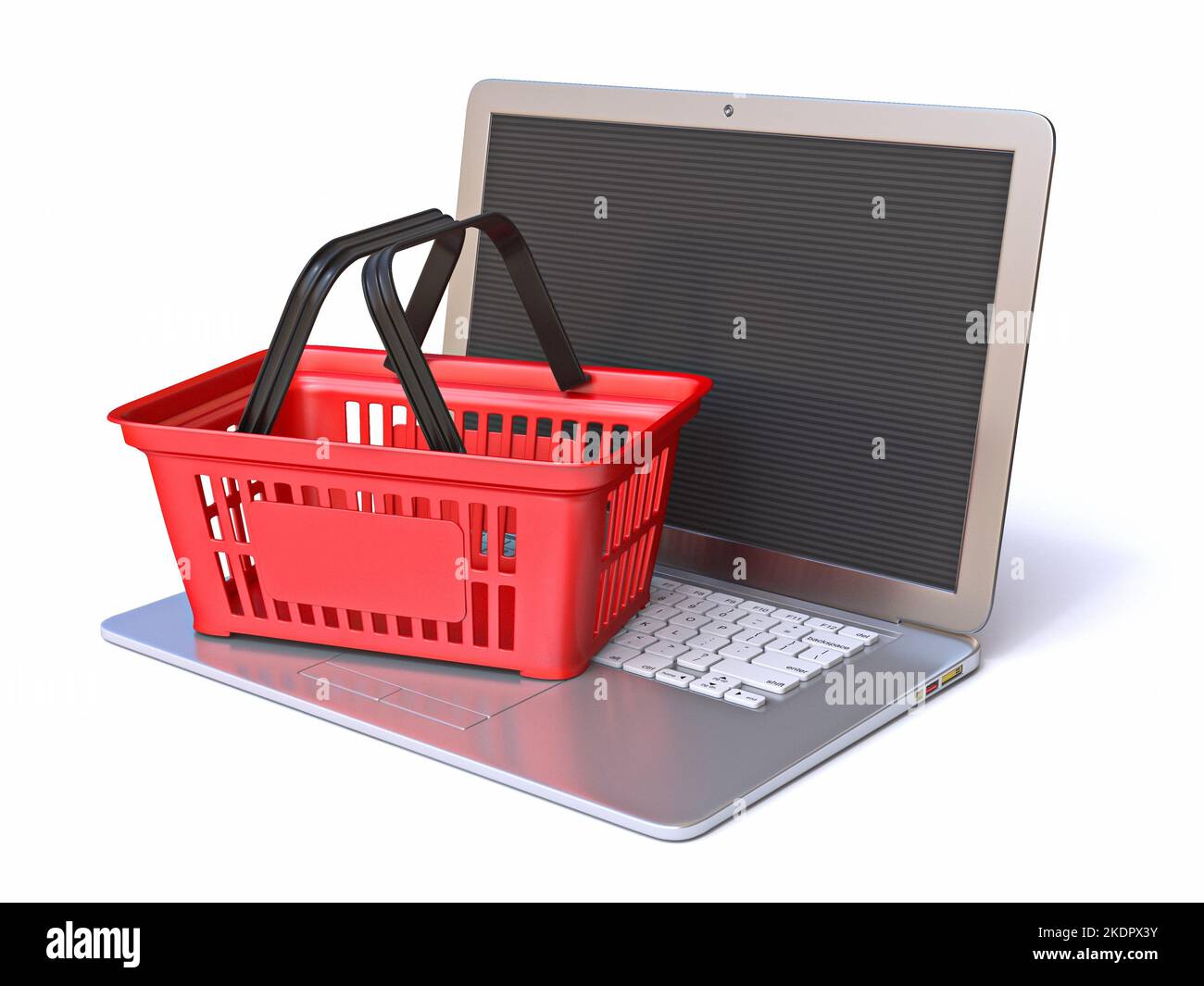 Red shopping basket on laptop 3D rendering illustration isolated on