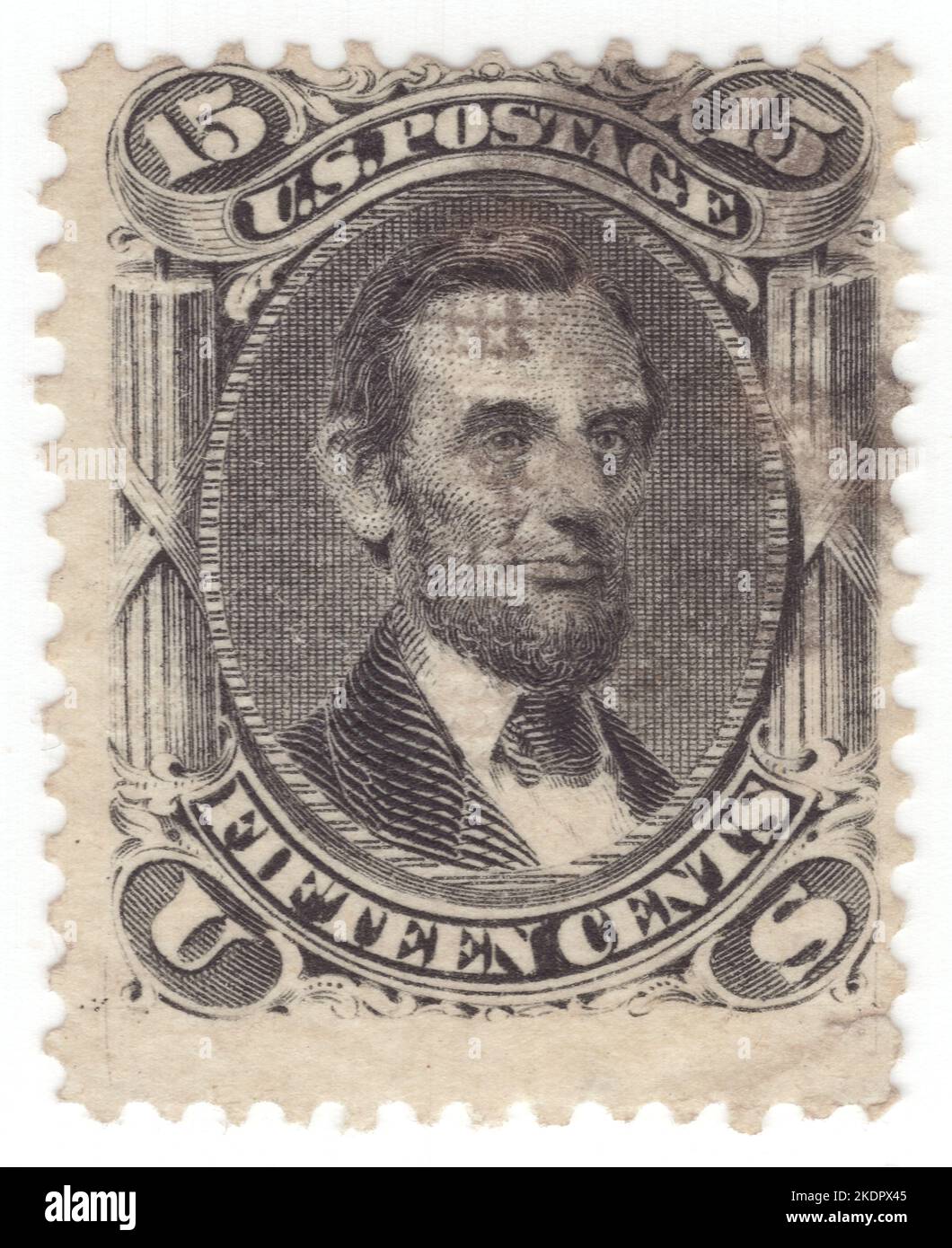 USA - 1861: An 15 cents black postage stamp depicting portrait of Abraham Lincoln. American lawyer and statesman who served as the 16th president of the United States from 1861 until his assassination in 1865. Lincoln led the nation through the American Civil War and succeeded in preserving the Union, abolishing slavery, bolstering the federal government, and modernizing the U.S. economy Stock Photo