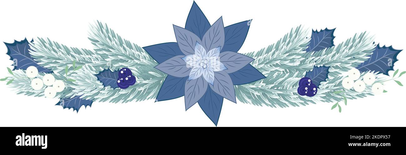 Christmas fir border with blue poinsettia, blue berries and mistletoe. Christmas garland in blue for home decoration. Vector illustration. Stock Vector
