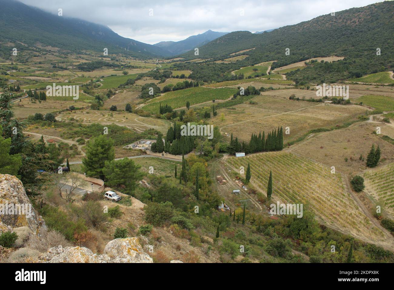 View of valley from village of Cucugnan in Aude Department, southern France Stock Photo
