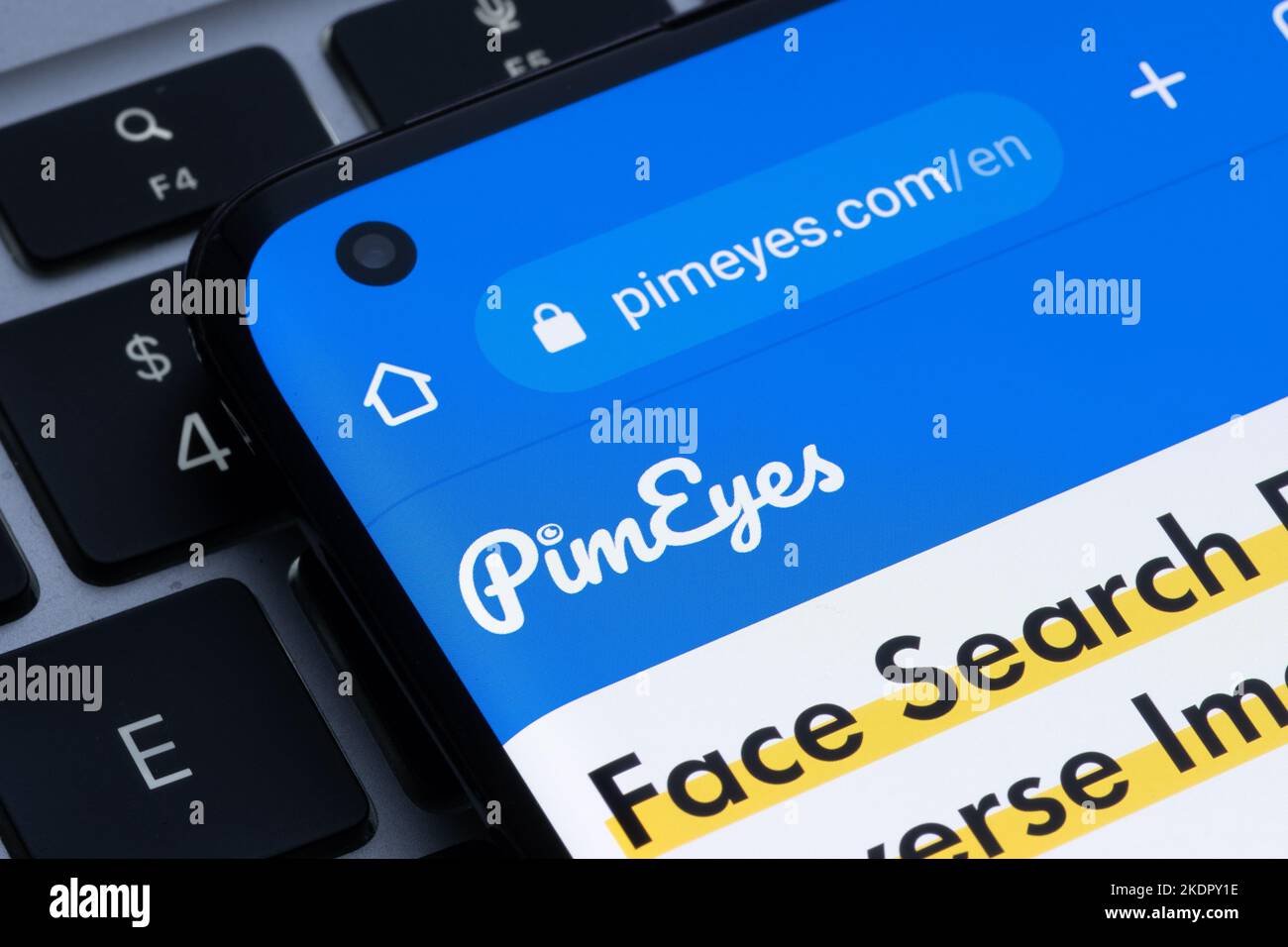 PimEyes face search engine page is seen on the smartphone. Stafford, United Kingdom, November 8, 2022 Stock Photo