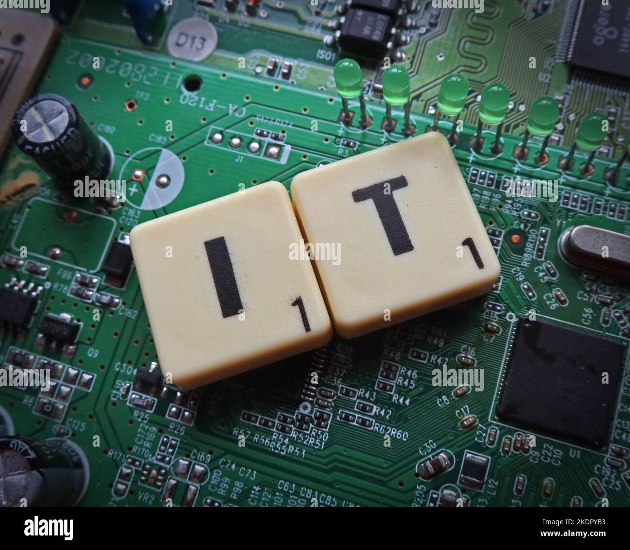 IT - Information Technology - Scrabble letters / word on a electronic PCB Stock Photo