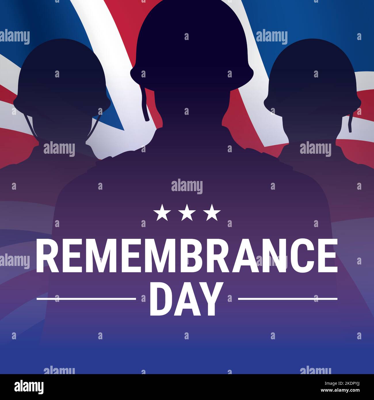 Remembrance day vector card design, with vintage style soldier silhouettes on waving UK flag background. Patriotic British army banner with memorial message. Stock Vector
