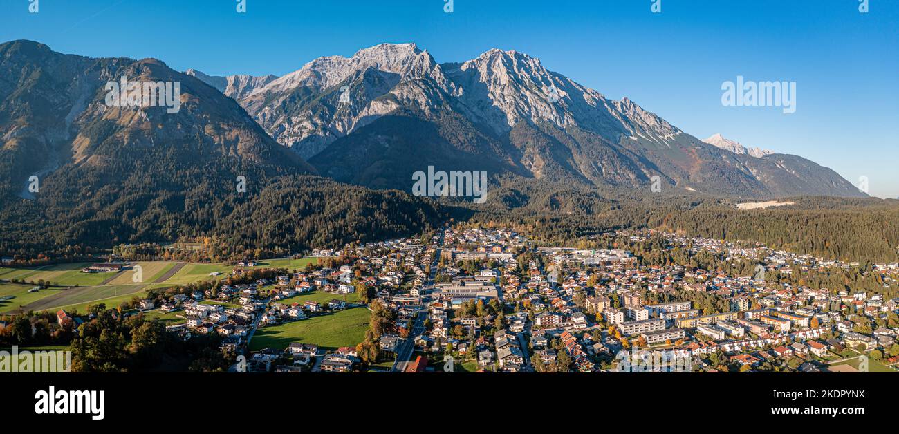 Hall Innsbruck Inn valley. Karwendel Mountains Alps. Aerial Panorama Stock Photo