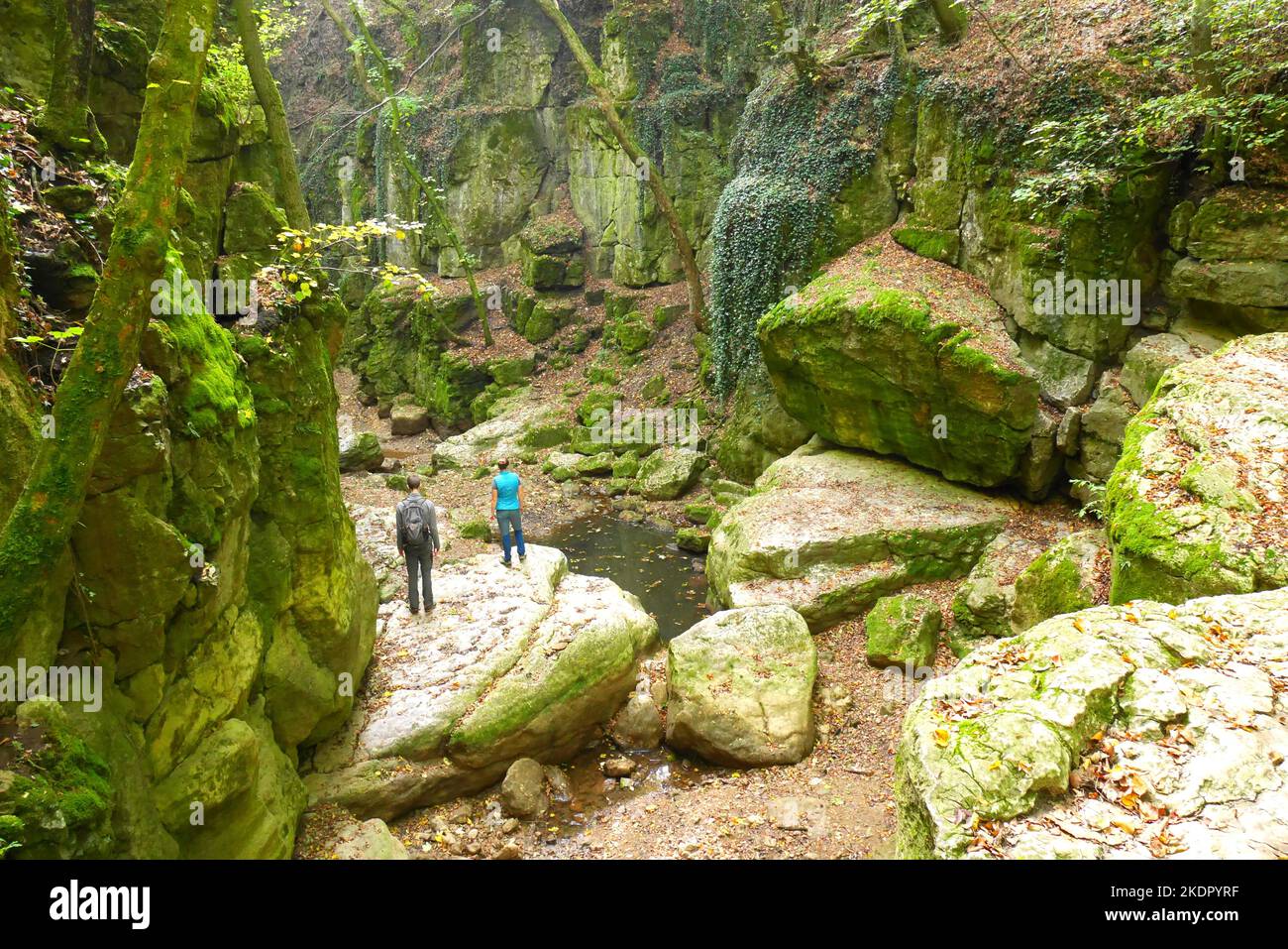 Hikers in the Gaja Gorge, Romai Furdo, the temporarily dried up Roman Baths waterfall,  Bakonyi Hills, Hungary Stock Photo