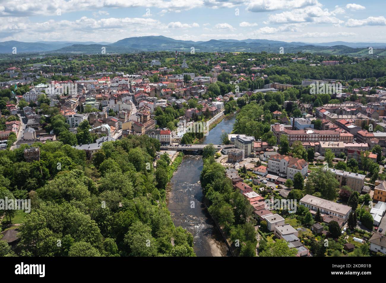 Aerial view of Bridge of Friendship over Olza River, Border crossing in