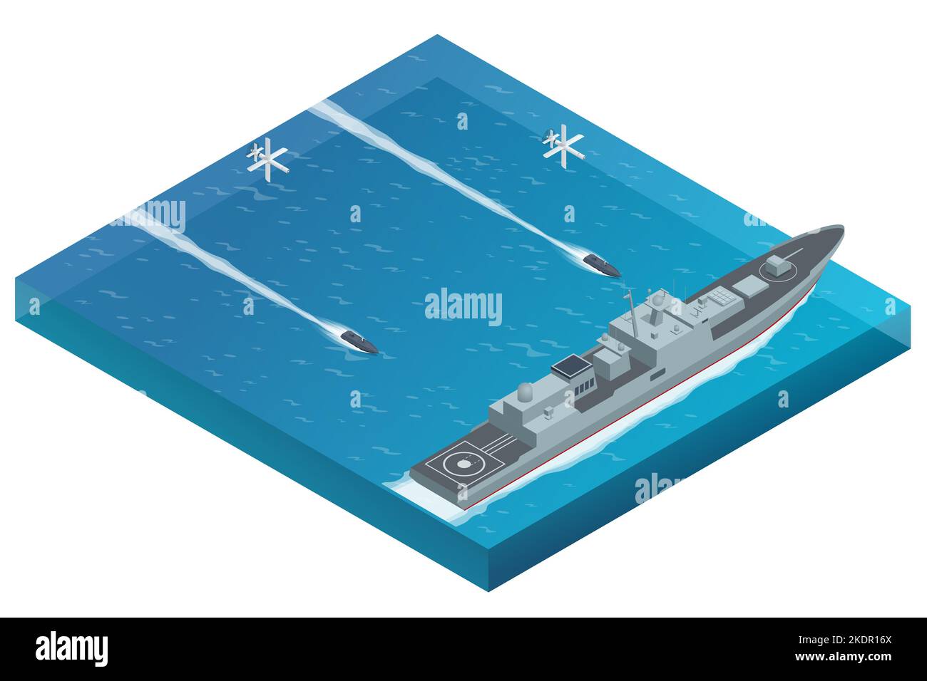 Isometric attack of a military naval warship with aerial drones and maritime surface military drones. Military drones can be controlled both manually Stock Vector