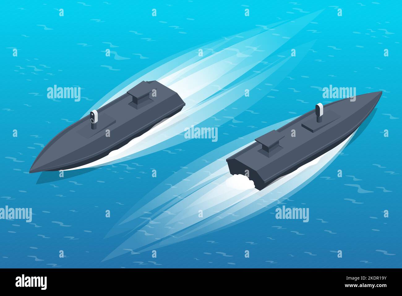 Isometric maritime surface military drones can be controlled both manually using onboard television cameras and remotely via a satellite channel. Stock Vector