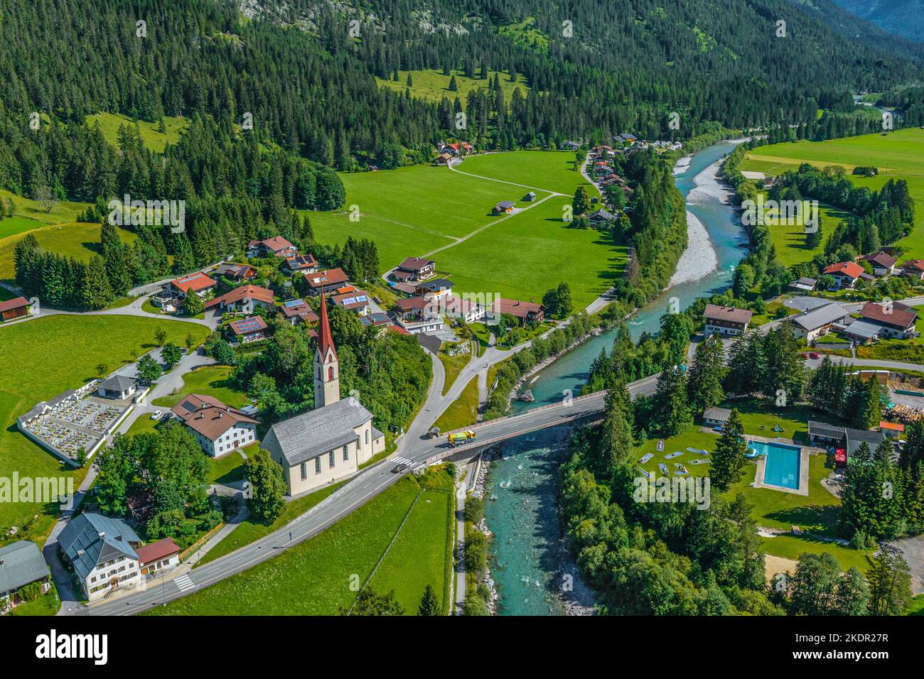 The beautiful situated little village of Häselgehr in the Tyrolean Lech Valley from above Stock Photo