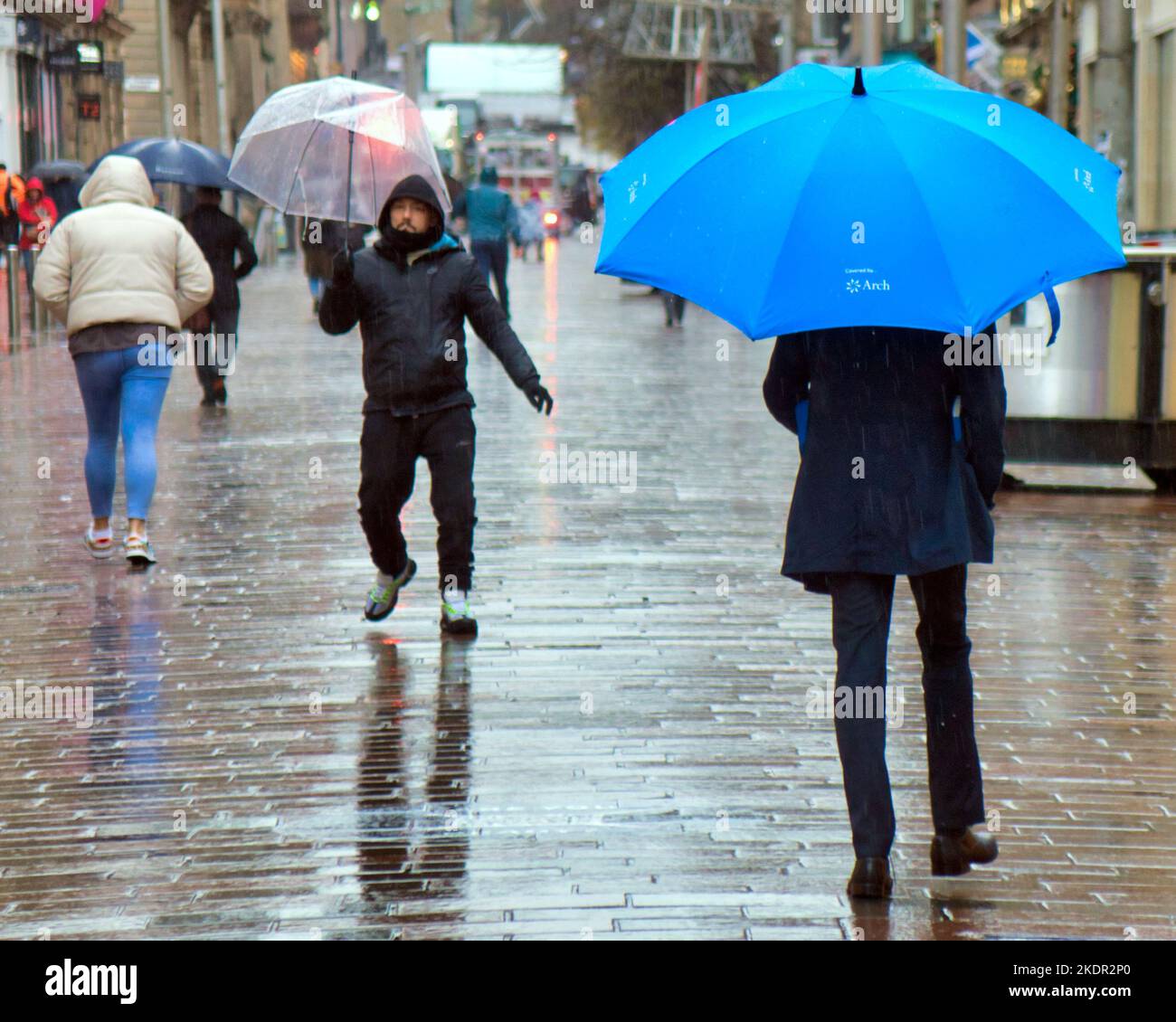 Glasgow, Scotland, UK  8th November,  2022. UK Weather:   Heavy rain saw a proliferation of umbrellas.  Credit Gerard Ferry/Alamy Live News Stock Photo