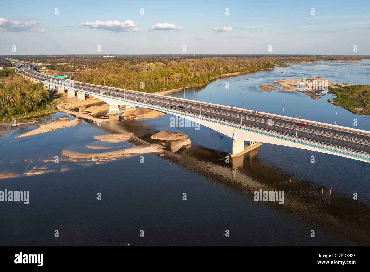Aerial view of Anna Jagiellon Bridge also called South Bridge, part of S2 expressway over Vistula River in Warsaw, capital of Poland Stock Photo