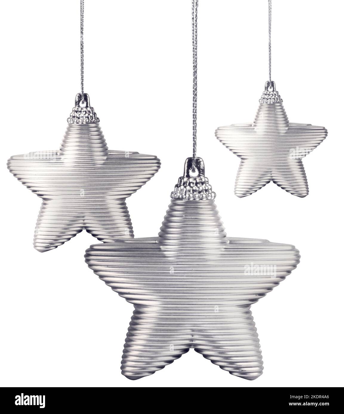 Modern Christmas decoration silver stars hanging on white background isolated Stock Photo