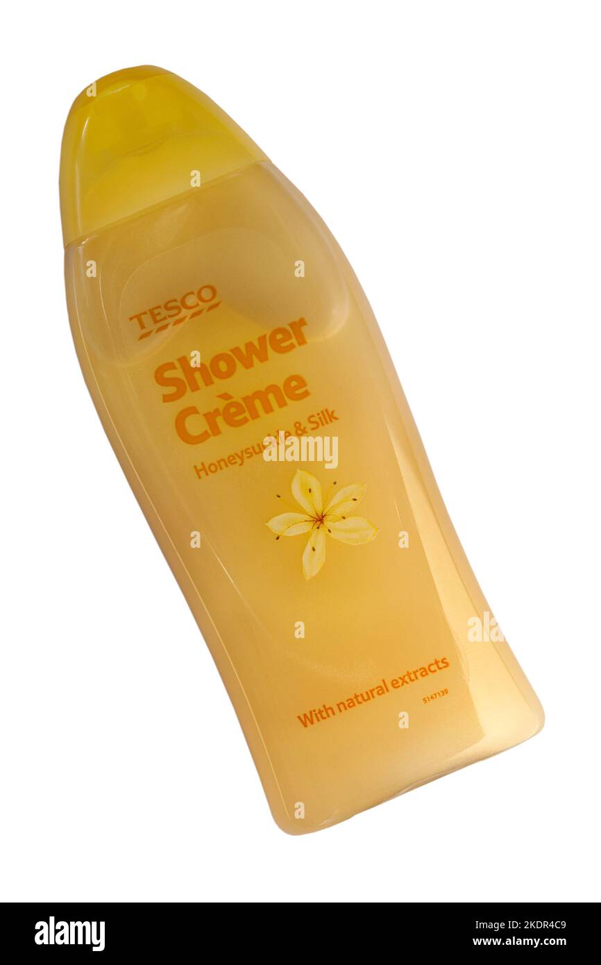 Bottle of Tesco Shower Creme Honeysuckle & Silk with natural extracts  isolated on white background Stock Photo