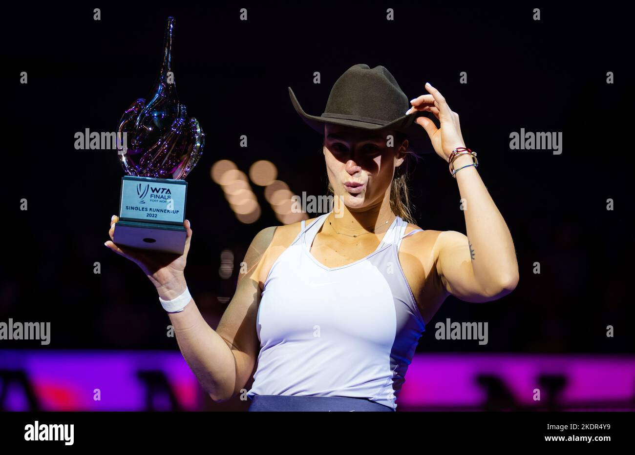 Aryna Sabalenka of Belarus poses with her runnerup trophy after the