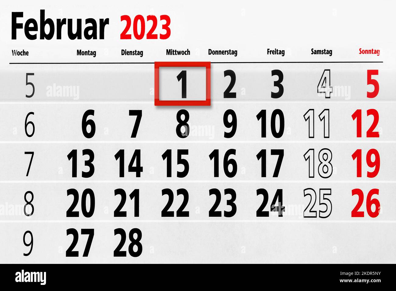 German calendar 2023 February 1  and  Monday Tuesday Wednesday Thursday Friday Saturday Sunday Stock Photo