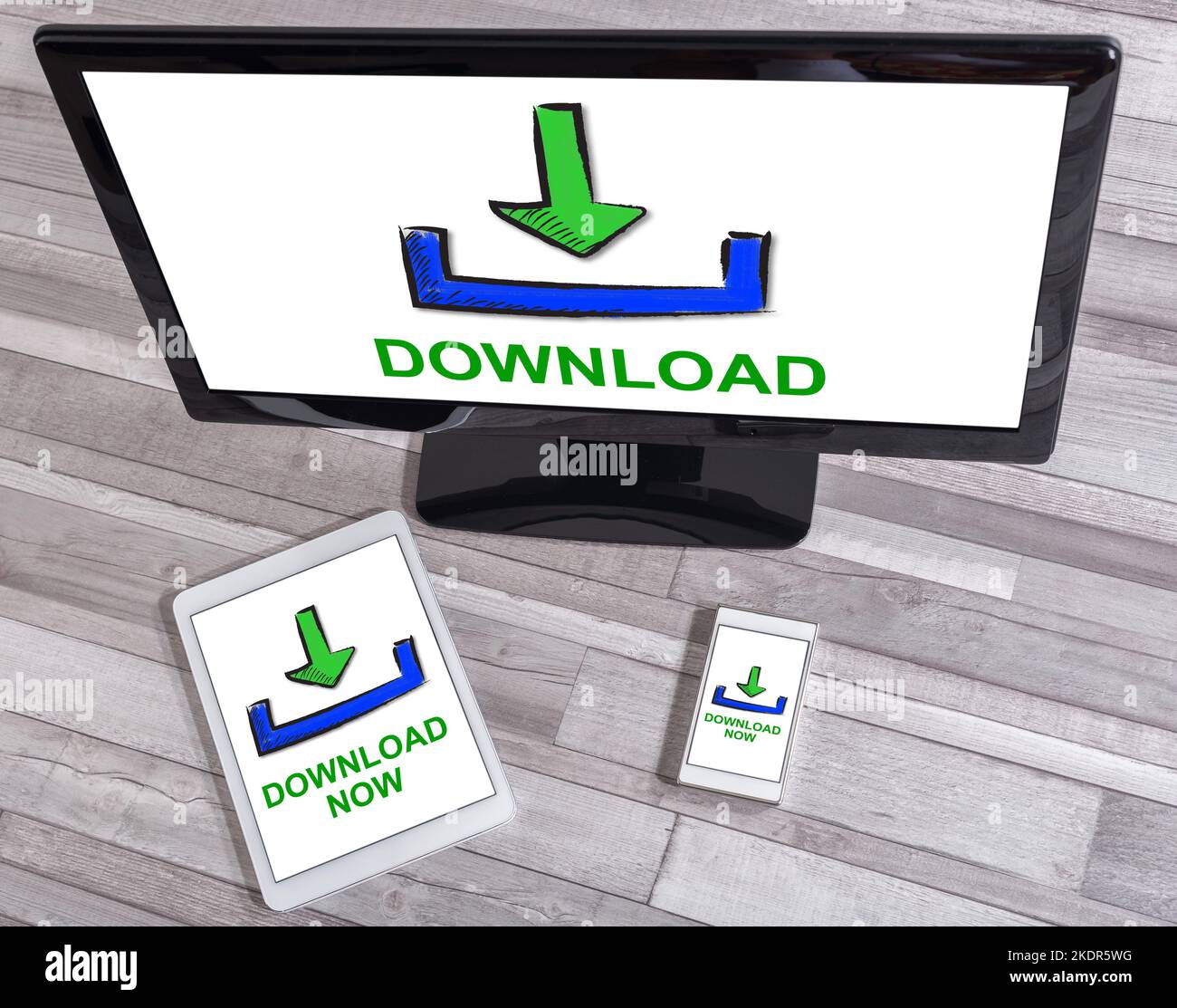 Download concept shown on different information technology devices Stock Photo