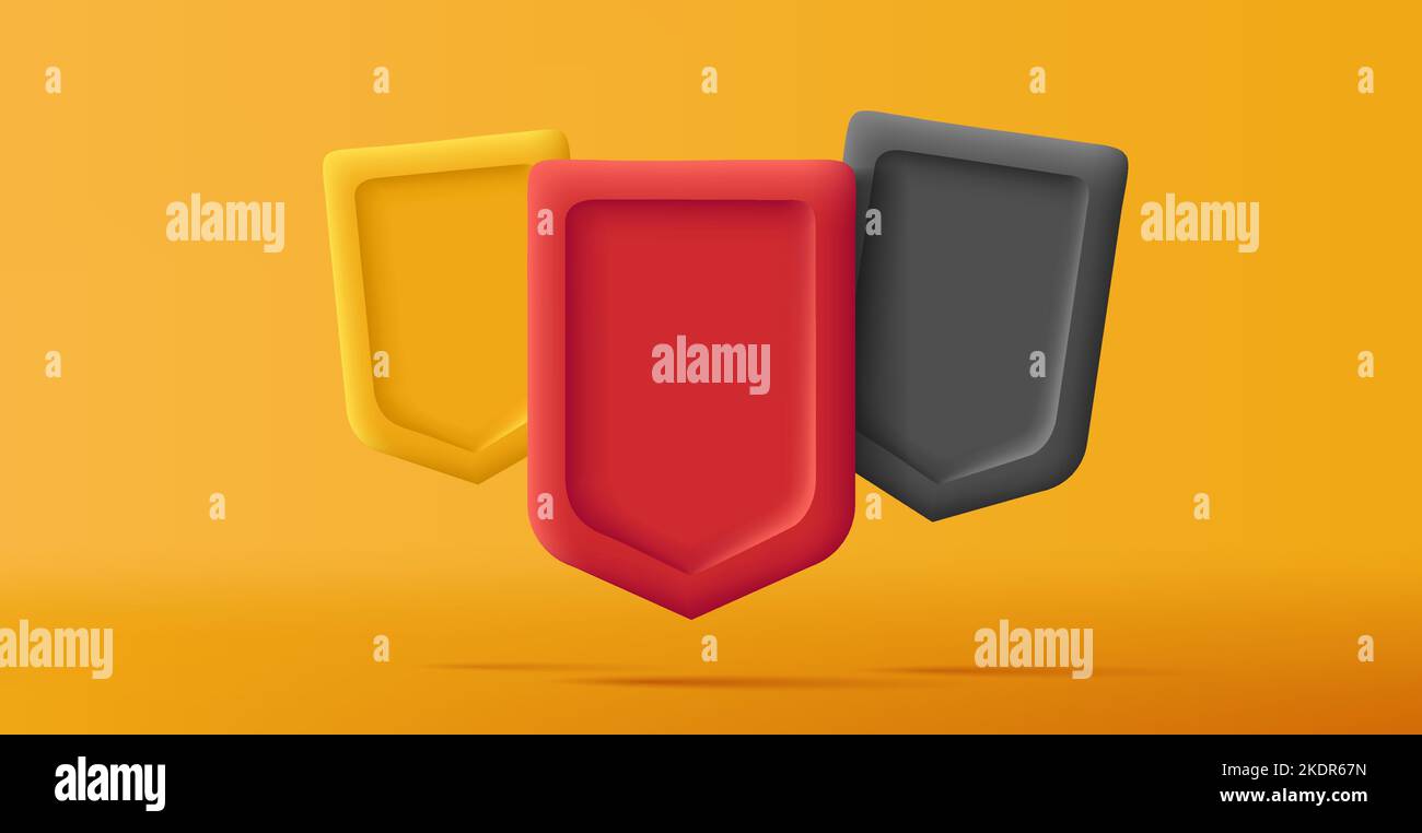 3d render shields composition, empty volume three shapes on yellow backdrop Stock Vector