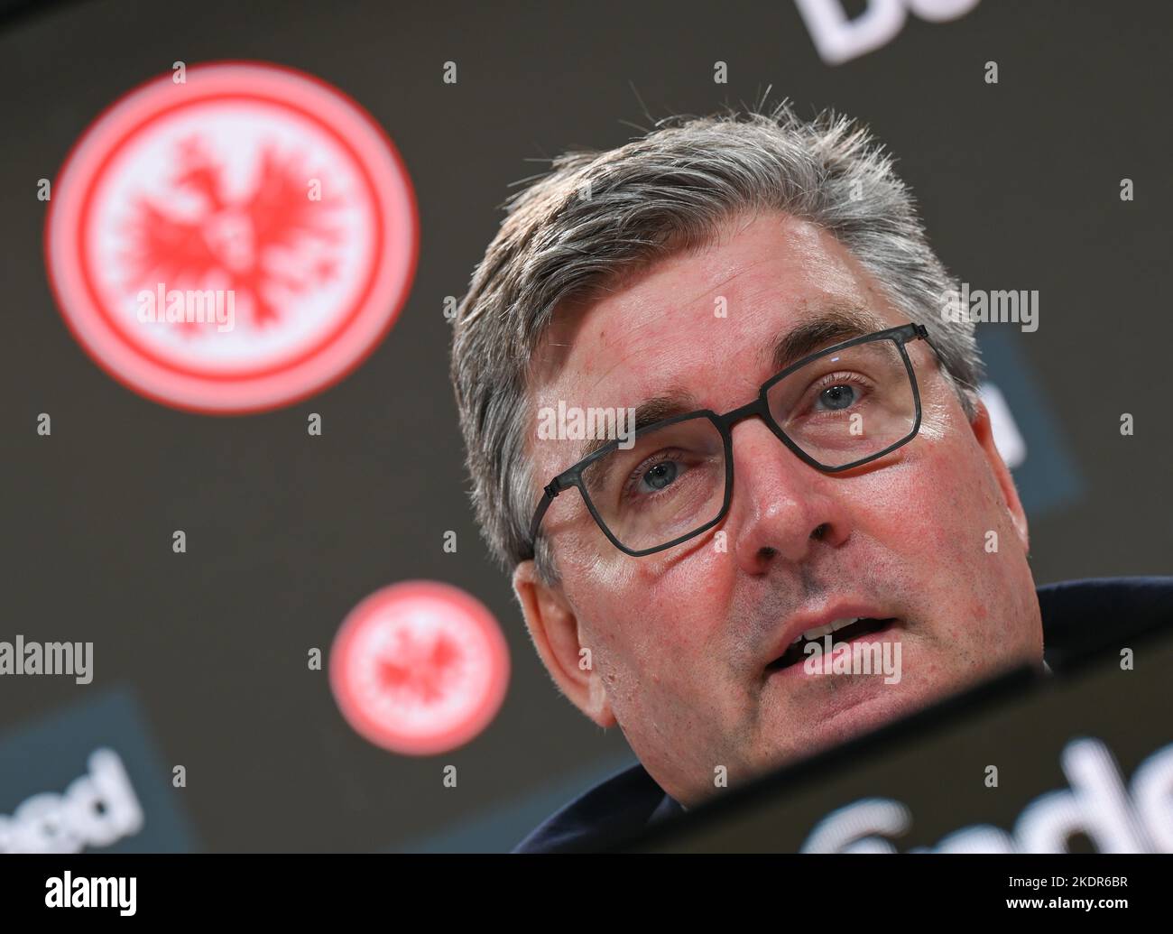 PRODUCTION - 08 November 2022, Hessen, Frankfurt/Main: Axel Hellmann, Spokesman of the Board of Eintracht Frankfurt Fußball AG, speaks during a press conference of Eintracht Frankfurt. Eintracht Frankfurt has extended the contract with its main sponsor Indeed until 2026. Photo: Arne Dedert/dpa Stock Photo