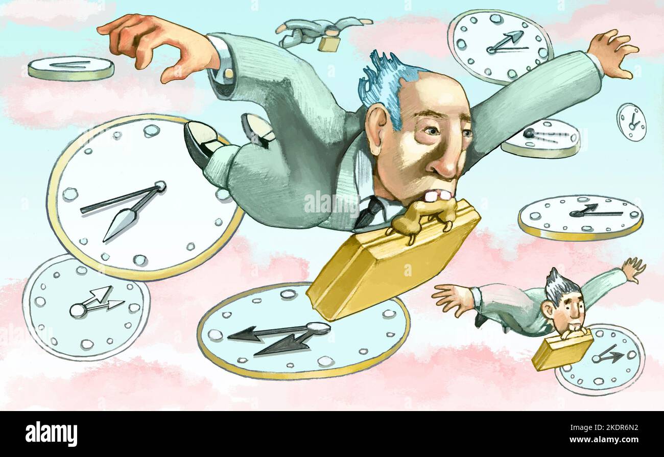 employees fly in the sky among clocks, concept of stress at work and depersonalization of workers Stock Photo