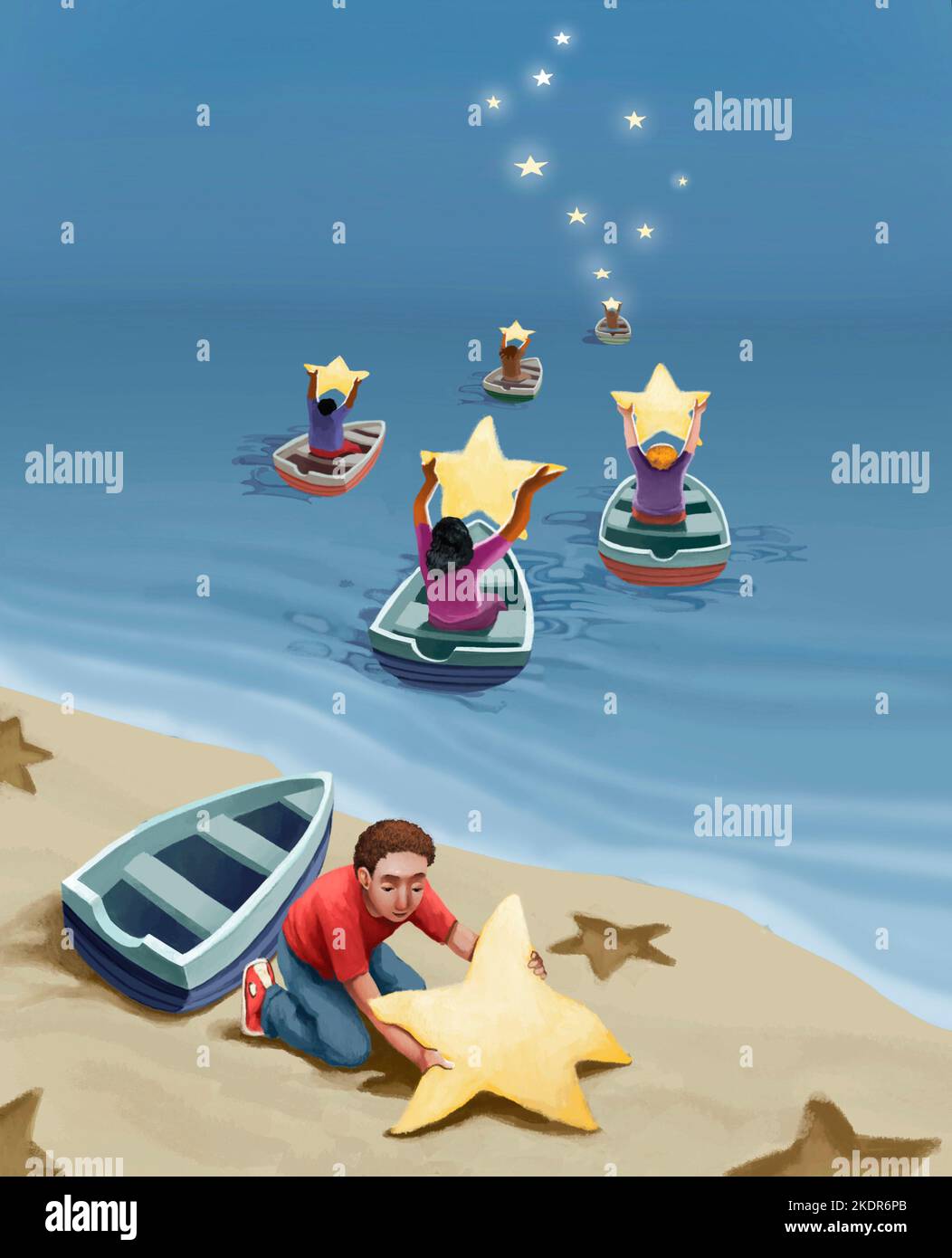 In the evening, boys go towards the horizon on small fragile boats, they have collected sand stars on the beach to take them into the sky Stock Photo