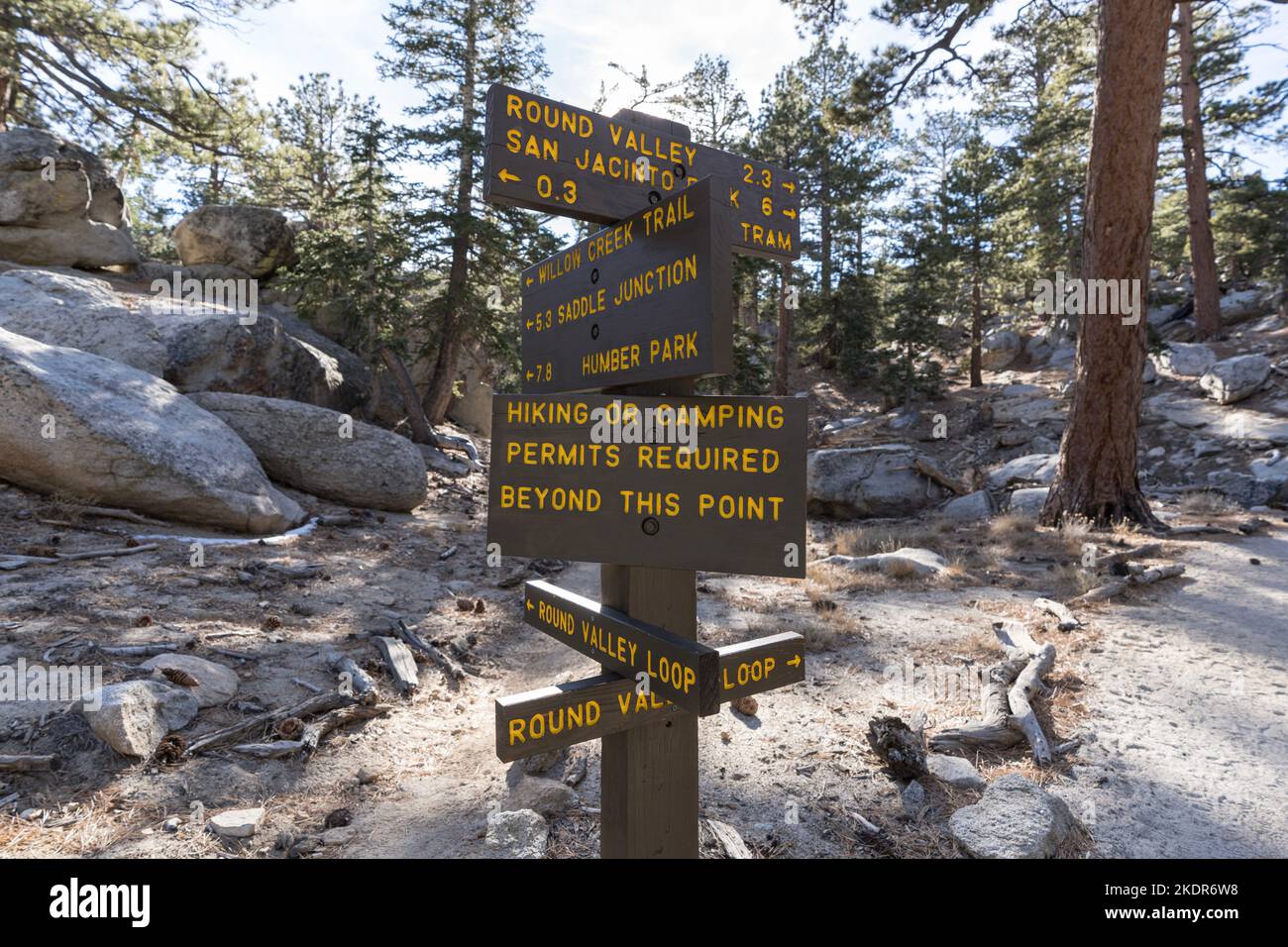 Busy hiking trail sign at San Jacinto State Park in the San Jacinto Mountains above Palm Springs, California. Stock Photo