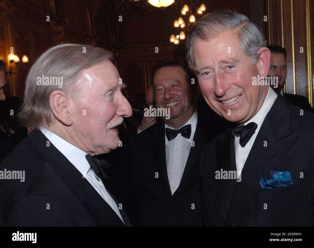 File photo dated 17/05/06 of King Charles III, then known as The Prince of Wales chatting with actor Leslie Phillips (left) at the Royal Shakespeare Company's gala fund raising dinner for their 'Complete Works Festival', in London. Mr Phillips passed away on Monday aged 98. Stock Photo