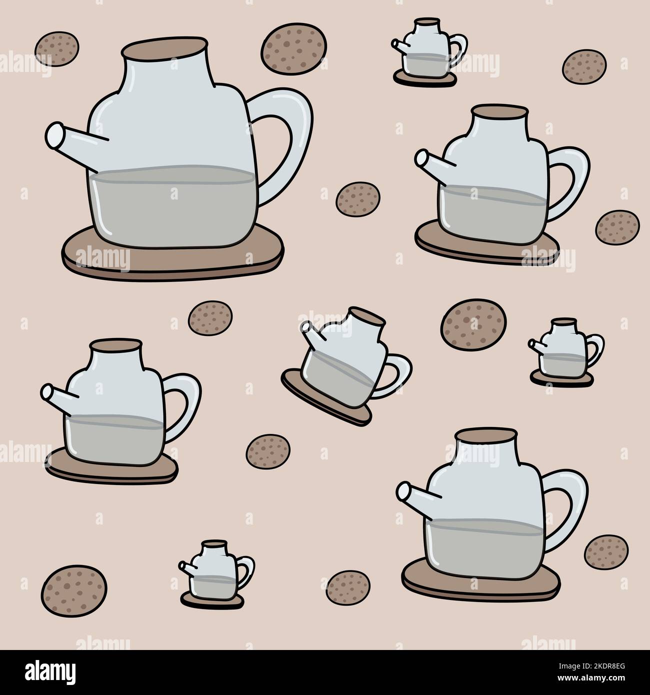 pattern teapots and cookies on a beige background Stock Vector