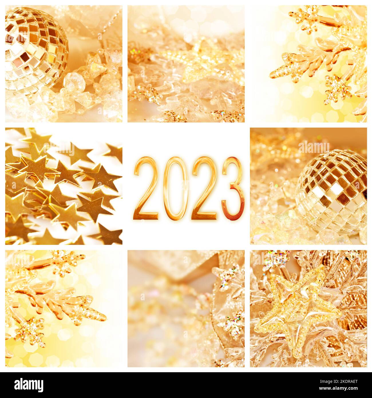 2023, golden christmas ornaments collage square greeting card Stock Photo